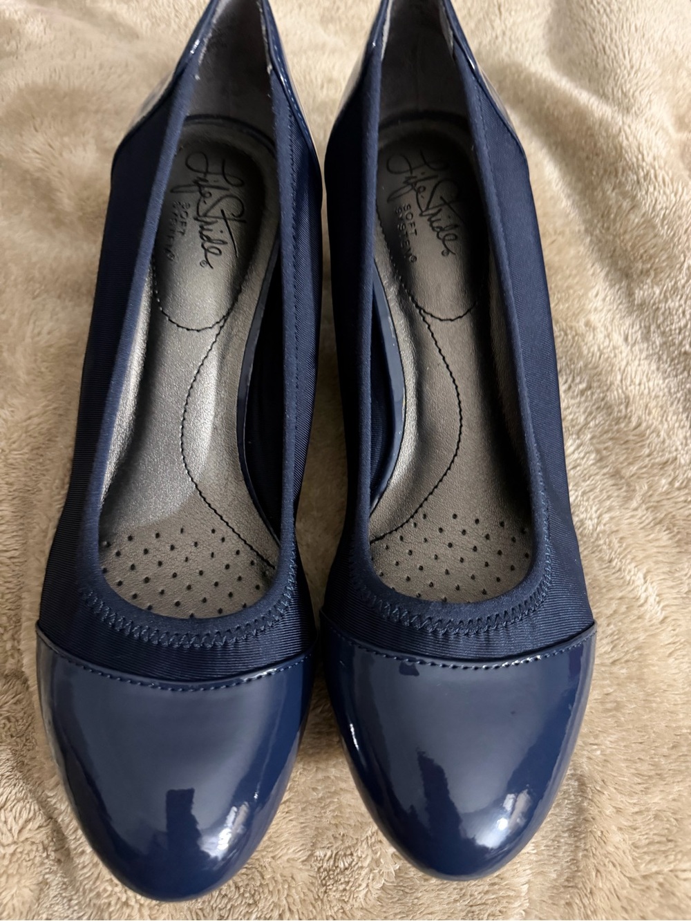 Life Stride Navy Platform Pumps with Patent Toe Cap